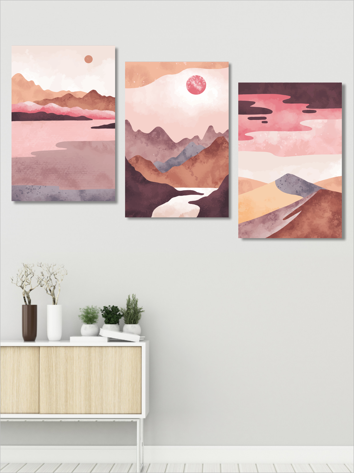 Модульная картина для интерьера на стену Розовый горный пейзаж 50х75 см - 3 штуки на холсте на подрамнике