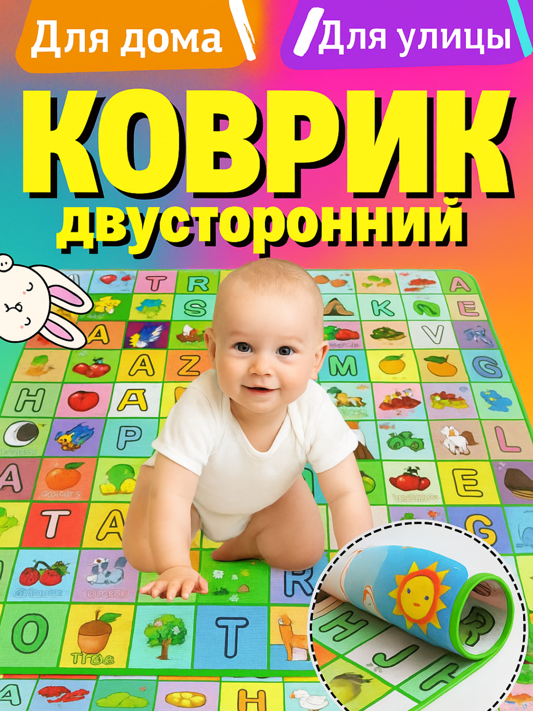 Двусторонний развивающий коврик для детей 200×180 см Алфавит и животные, EPE хлопок