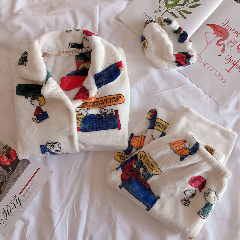 Женская пижама на осень и зиму для студентов, милый кардиган из кораллового флиса со Снупи в корейском стиле, плотный, теплый, свободный, большого размера, для дома, weight,62.5-70kg