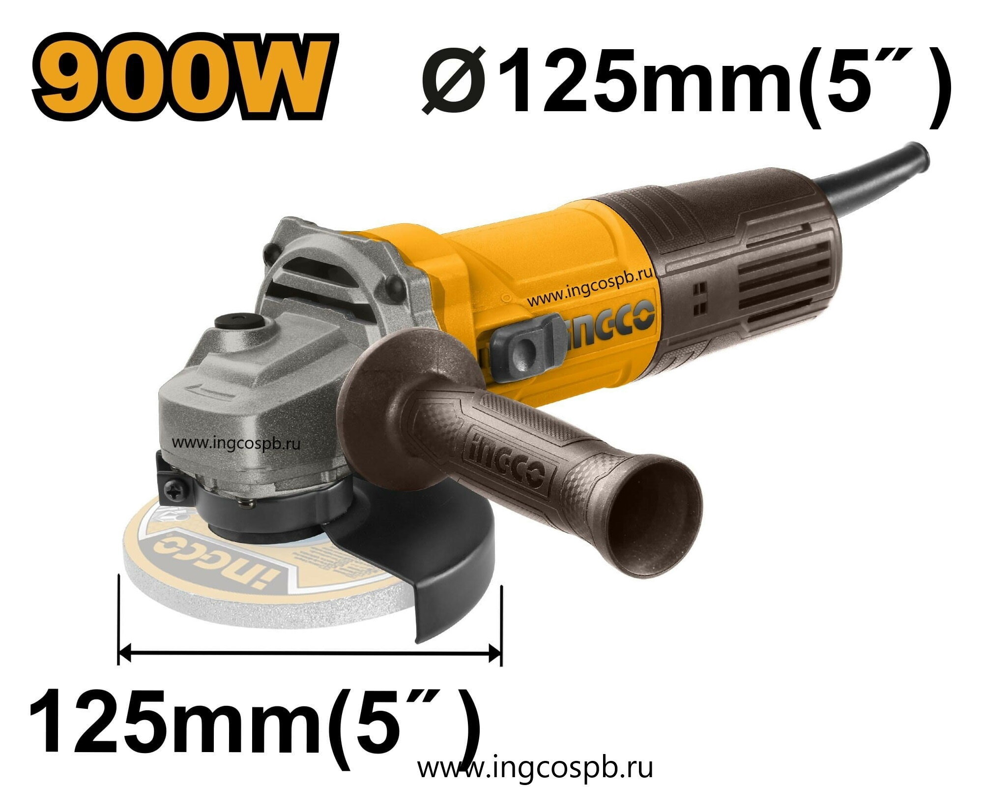 Болгарка INGCO AG90028, 900 Вт, 125 мм диск, универсальная, защита от перегрева