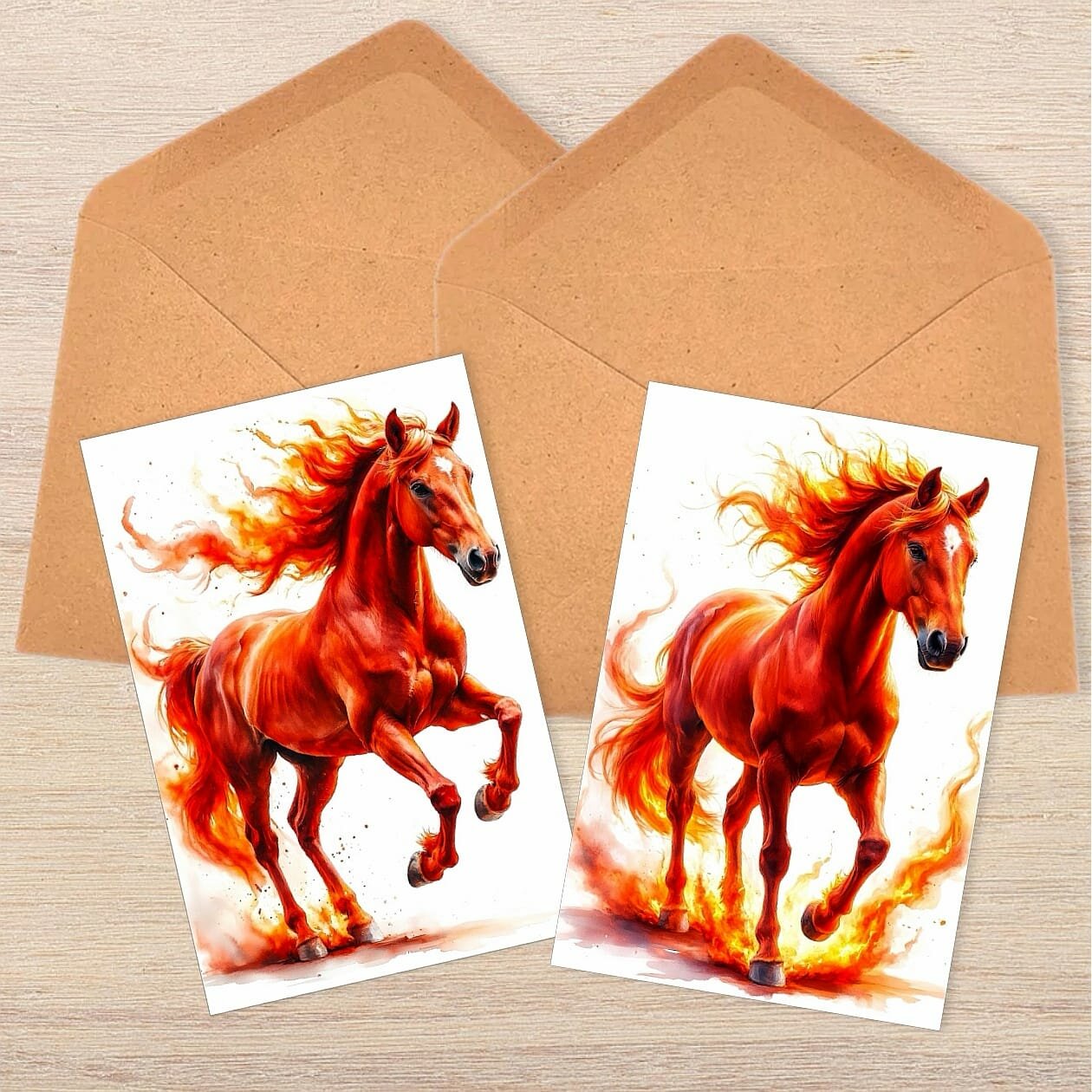 Открытка "Красная огненная лошадь" с конвертом, новогодняя, глянцевая, 10x15 см, 2 шт