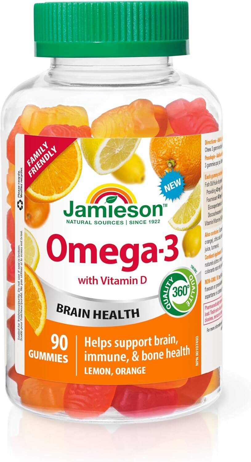 Jamieson D3 vitamini qo'shilgan Omega-3 konfetlari – apelsin va limon, oilaviy o'lcham (3+). Miya salomatligi va immunitet tizimini qo'llab-quvvatlaydi . Miqdori: 90 ta konfet. Bolalar va kattalar salomatligini saqlashning mazali va foydali usuli.