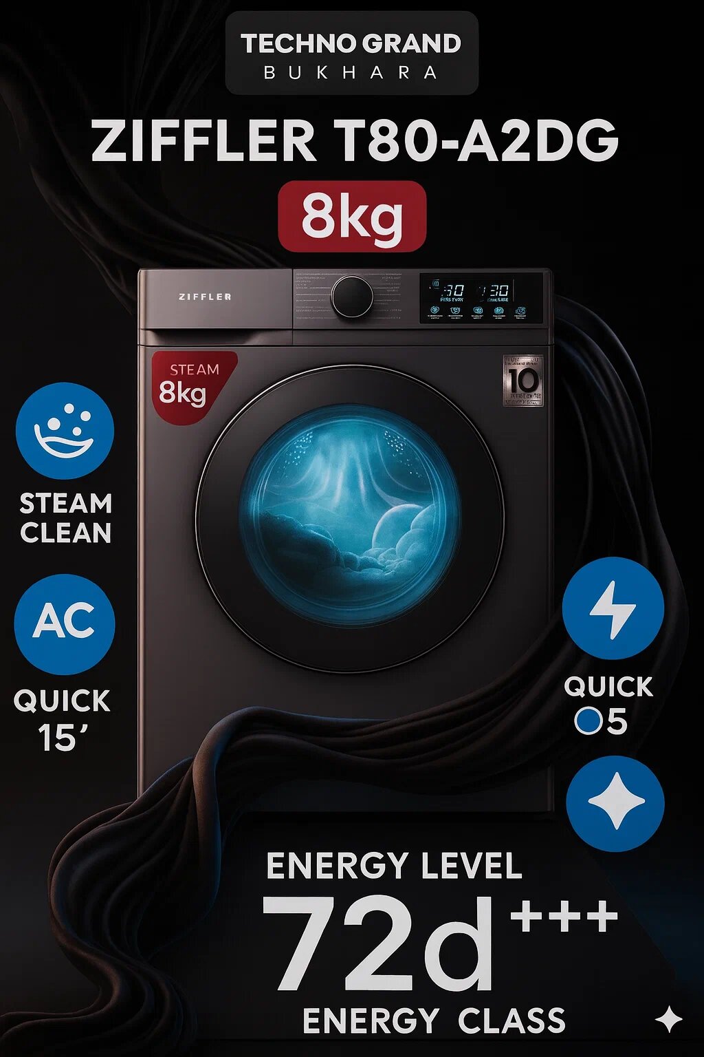 Стиральная машина ZIFFLER T80-A2DG, класс энергоэффективности A++, до 8кг, 1200об/мин