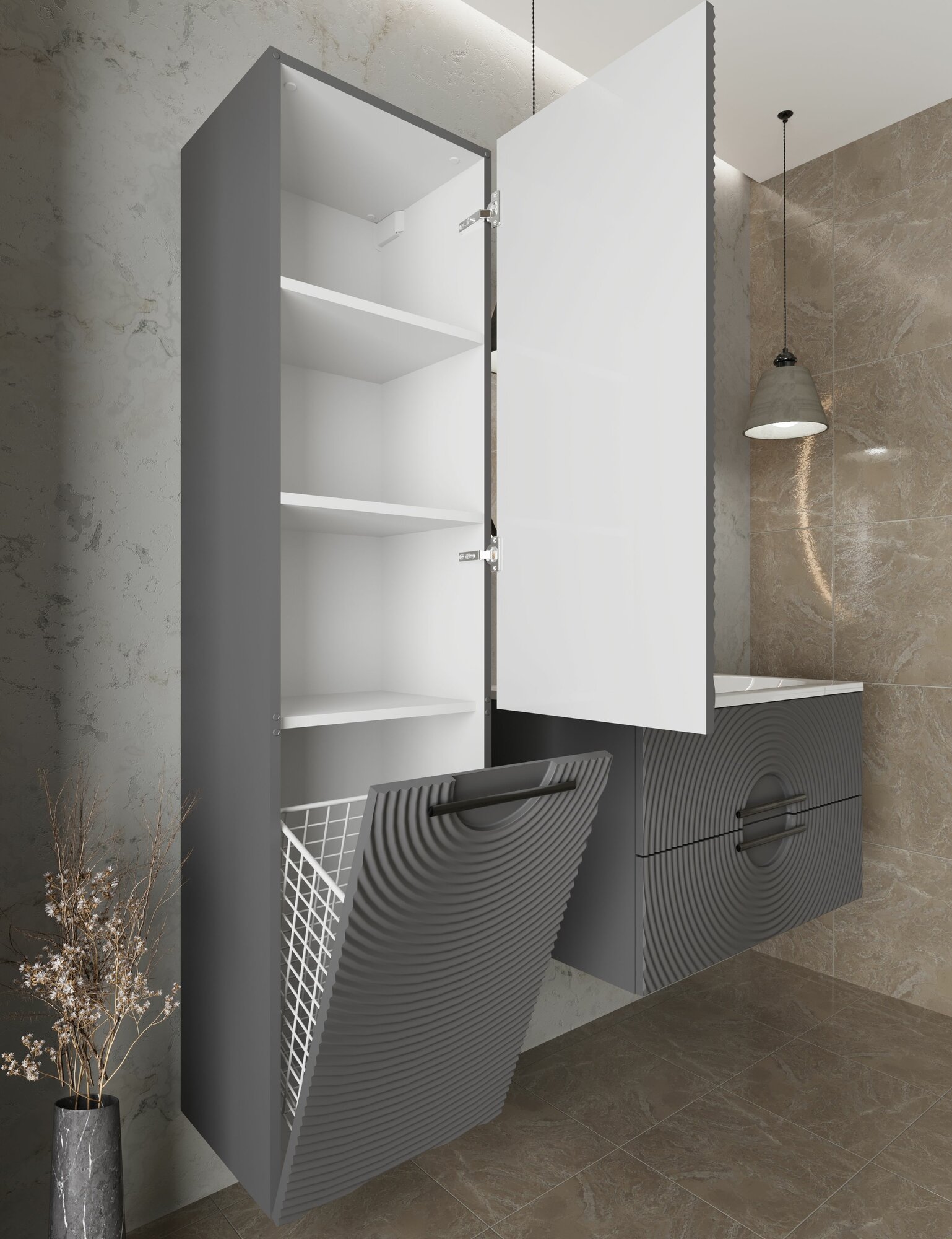 Шкаф пенал для ванной с корзиной для белья подвесной SOLE графит аквакрафт, правое открывание