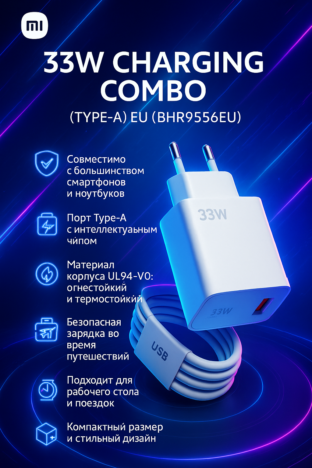 Зарядное устройство Xiaomi 33 Вт (тип A) с кабелем, цвет белый