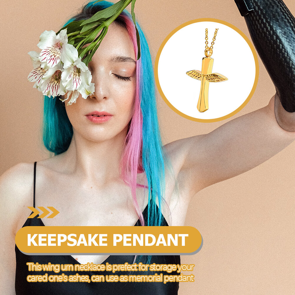 Alloy Urn Pendant Necklace Unisex Wing Cremation Jewelry for Ashes Golden 53.6x2.7CM