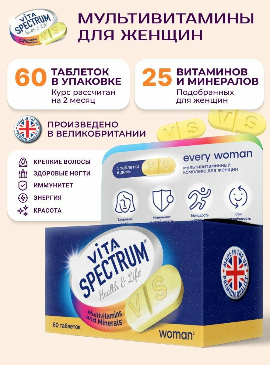 Мультивитаминный и минеральный комплекс для женщин VITASPECTRUM, витамины и минералы от А до цинка, 1 таблетка в день, 60 таблеток