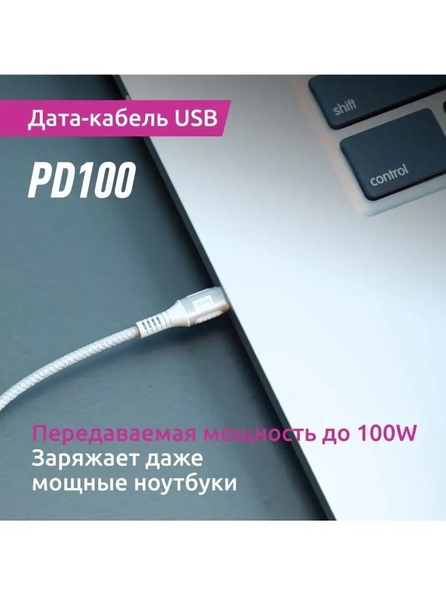 Кабель Type-C - Type-C 100W (PD), 5А, 1.2 м, металлический штекер, тканевая оплётка — фото 1