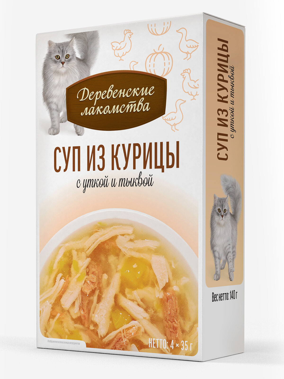 Суп для кошек из курицы "Деревенские лакомства" с уткой и тыквой, паучи, 4шт. х35гр. — фото 1
