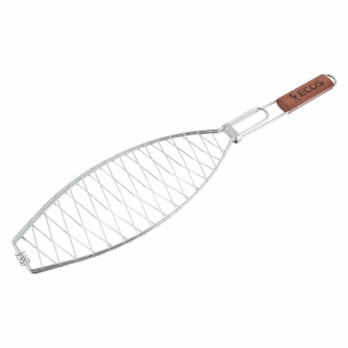 Решетка для барбекю ECOS универсальная для мяса и рыбы 40х15х2 см общая длина 68 см диаметр проволоки 4 5 и 1 8 мм хромированная сталь деревянная ручка — фото 1