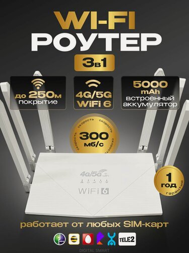 Изображение товара Роутер WIFI 6 с сим картой 4G/5G и встроенным аккумулятором 5000 мАч, скорость до 300 Мбит/с, до 64 устройств