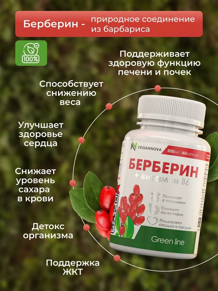 Vegannova БАД Берберин с витамином B6, 60 капсул по 635 мг — фото 1