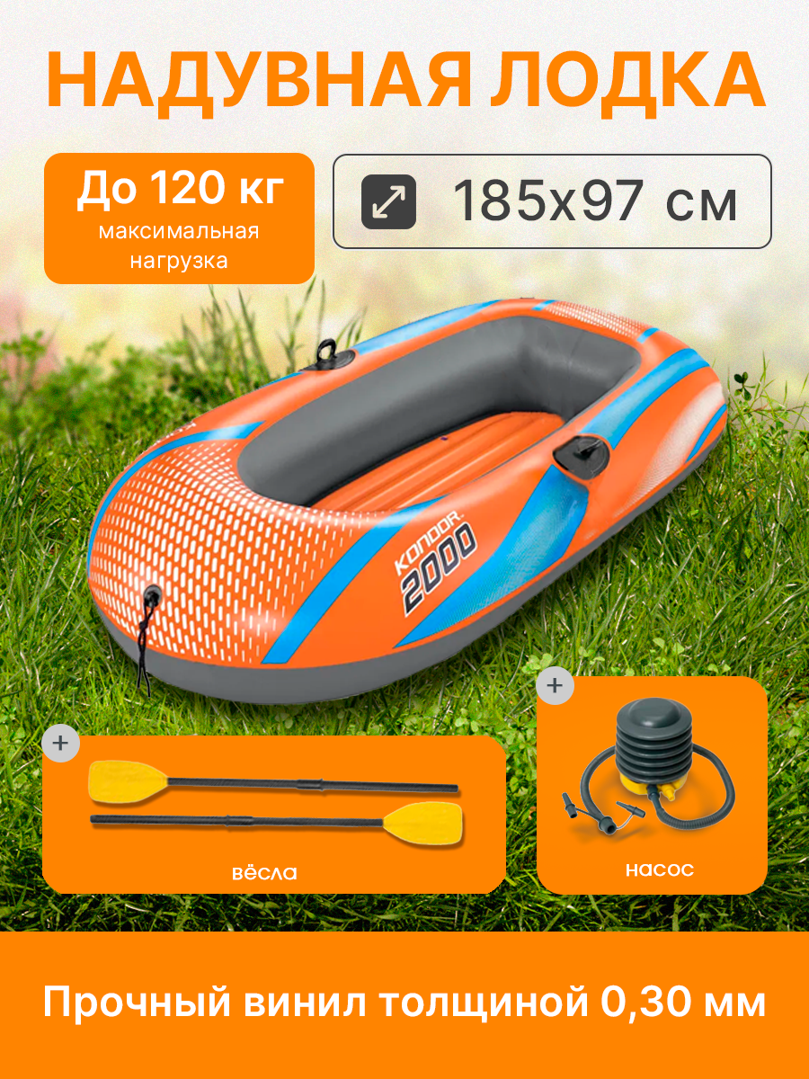Надувная лодка Bestway 185х97 см (в комплекте весла насос) максимальная нагрузка до 95 кг