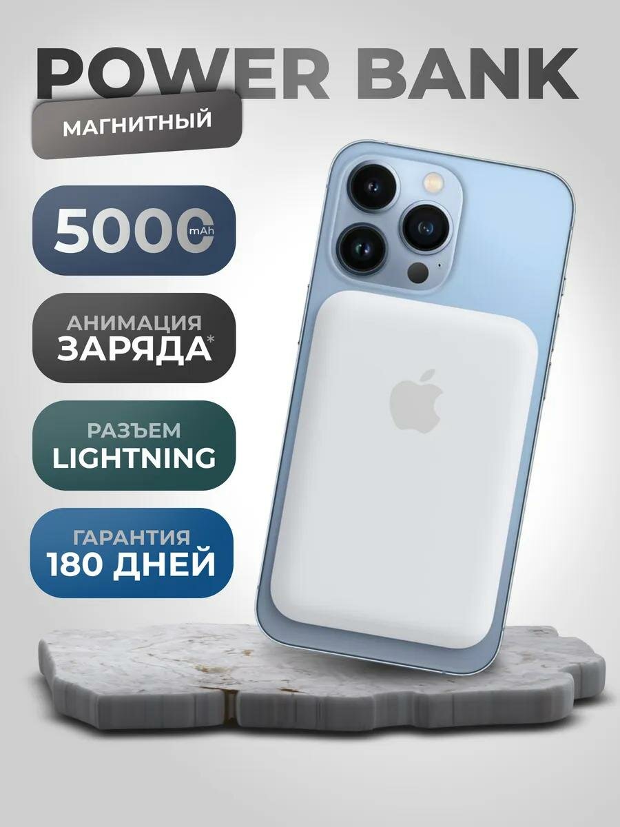 Внешний магнитный аккумулятор Powerbank Magsafe для Iphone, 5000 мА/ч, белый