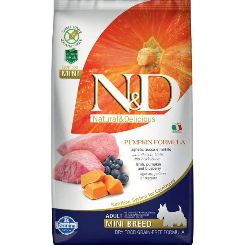 Farmina ND Pumpkin Dog Grain Free Lamb Blueberry Adult Mini сухой беззерновой корм для взрослых собак мелких пород с ягненком, черникой и тыквой 2,5 кг
