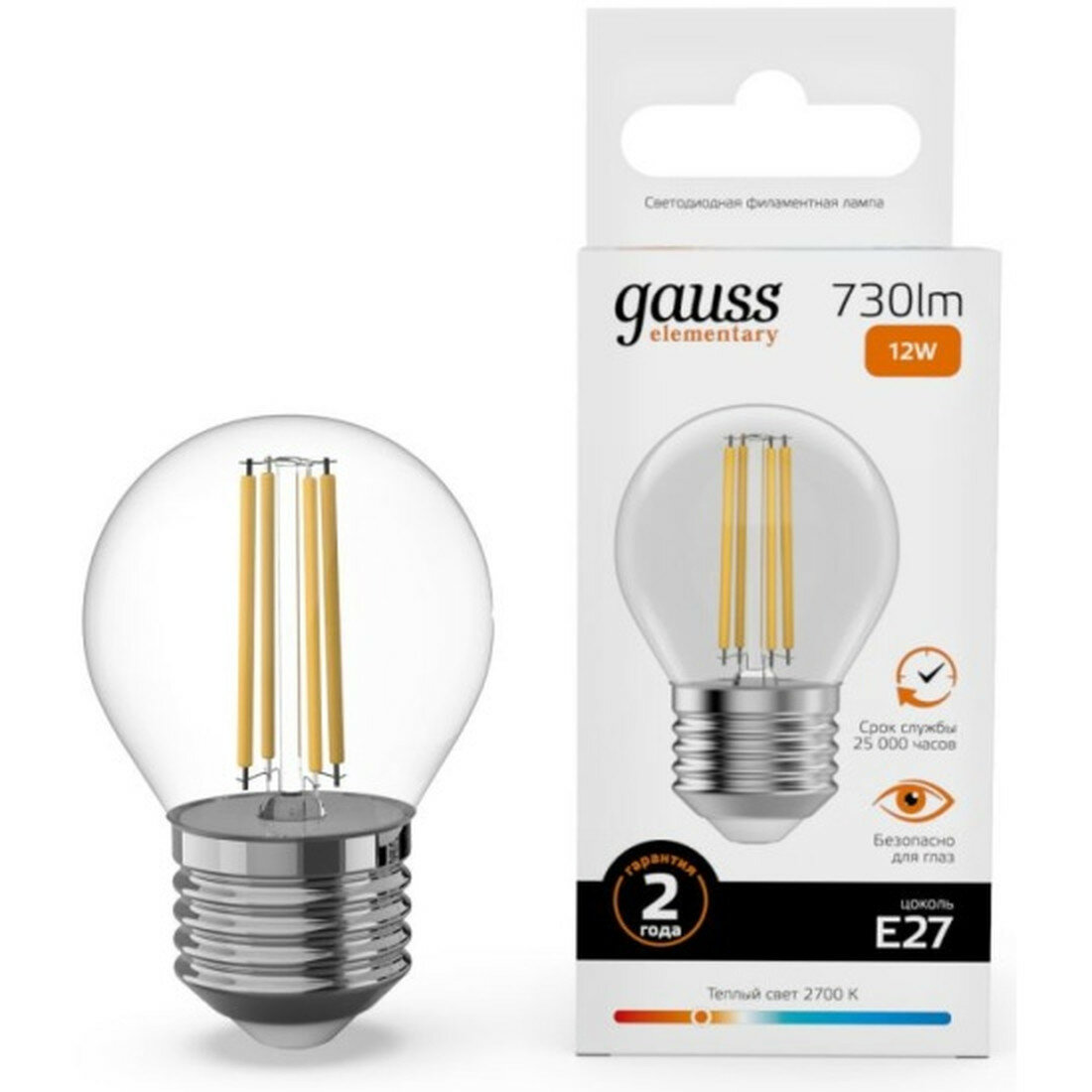 Светодиодная лампа Gauss Filament Elementary Шар 12W 730lm 2700К Е27 LED 1/10/100