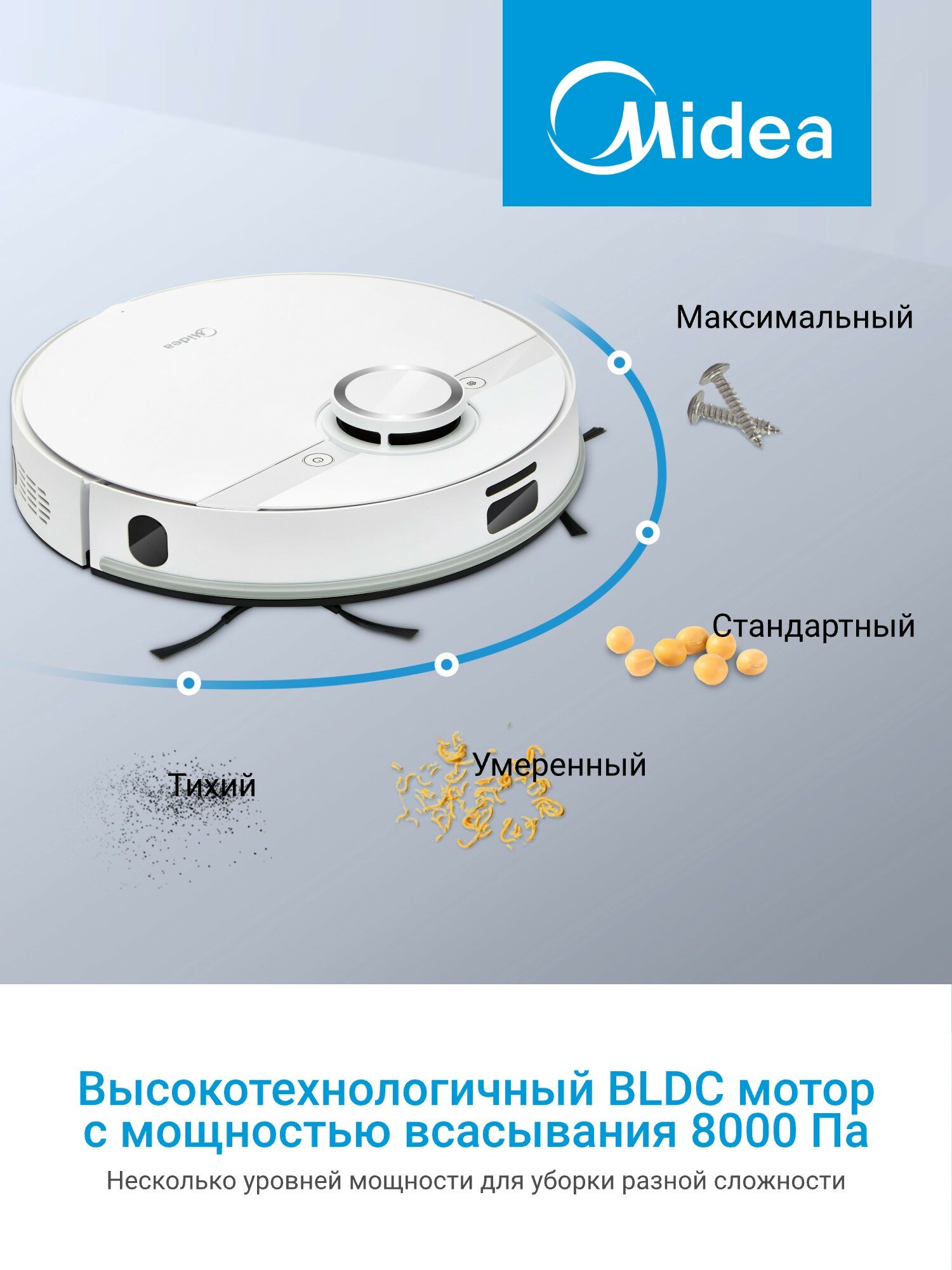 Робот-пылесос с Wi-Fi Midea VCR M7 EVO WH, LiDAR, сухая и влажная уборка, турбо-щетка, 8000 Па, HEPA-фильтр — фото 1