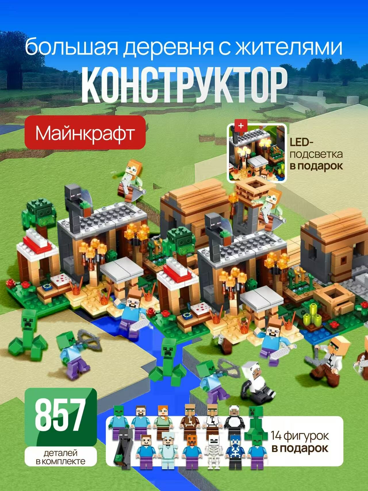 Конструктор Майнкрафт Деревня с жителями Minecraft, 857 деталей, с LED подсветкой, в комплекте 14 фигурок, пластик