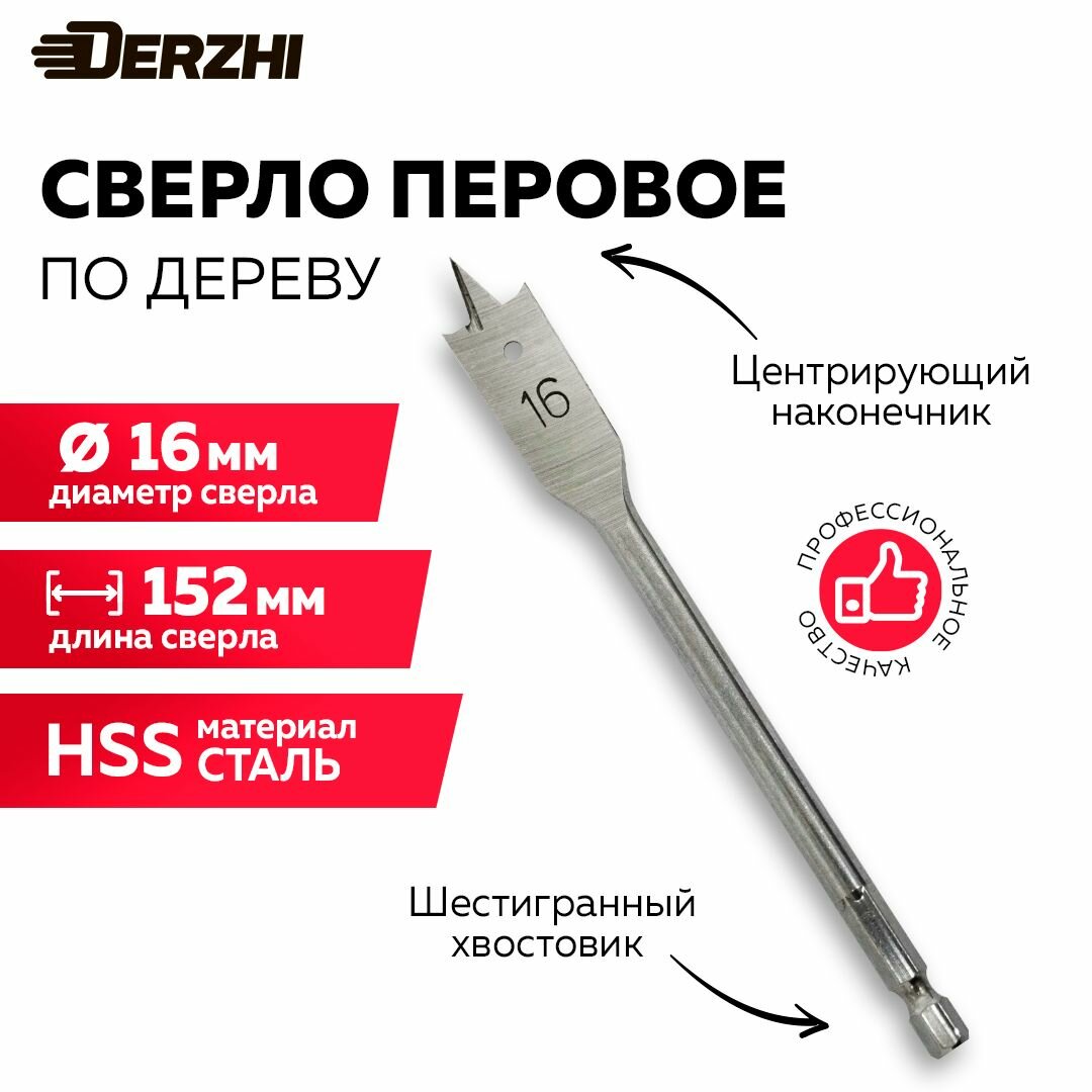 Сверло по дереву перовое универсальное 16х152 мм DERZHI