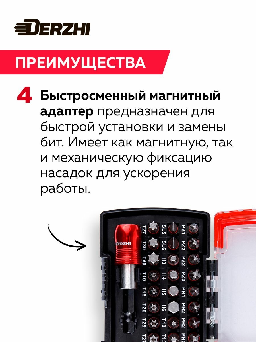 Биты для шуруповерта Derzhi набор бит 32 предмета (30 бит, 1 магнитный быстросъемный адаптер, 1 адаптер квадрат 25мм) — фото 1