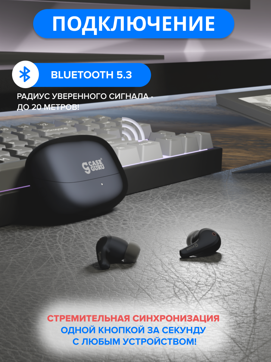 Беспроводные Bluetooth-наушники с шумоподавлением CaseGuru CGPods Beat с микрофоном синие — фото 1