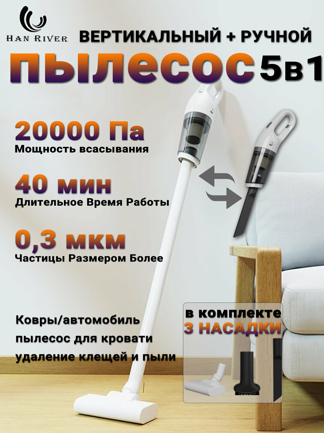 Вертикальный пылесос, 5 в 1, 20000 Па, пылесос для дома, для автомобиля HAN RIVER