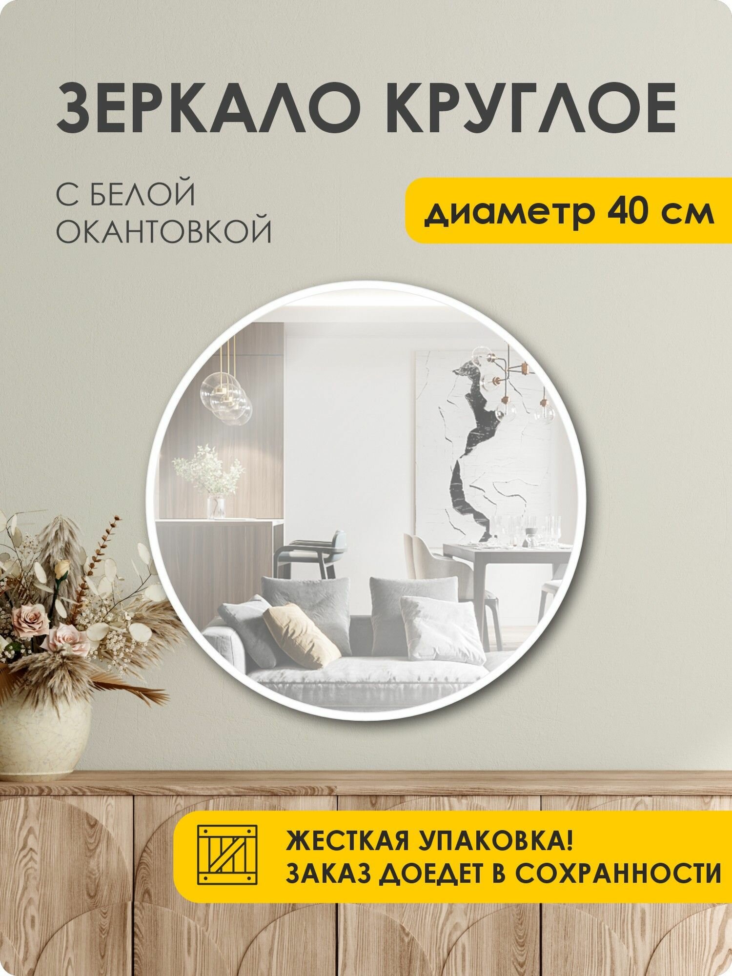 Зеркало настенное круглое в окантовке 40*40 белое