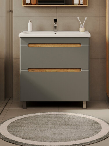 Изображение товара Тумба напольная Vannika Canto 70 с раковиной Миранда 70 для ванной комнаты, дуб вотан, графит софт