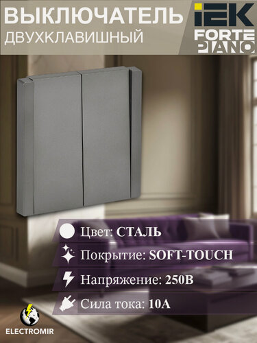 Изображение товара Выключатель, двухклавишный 10А, цвет Сталь IEK "FORTE&PIANO" FP505