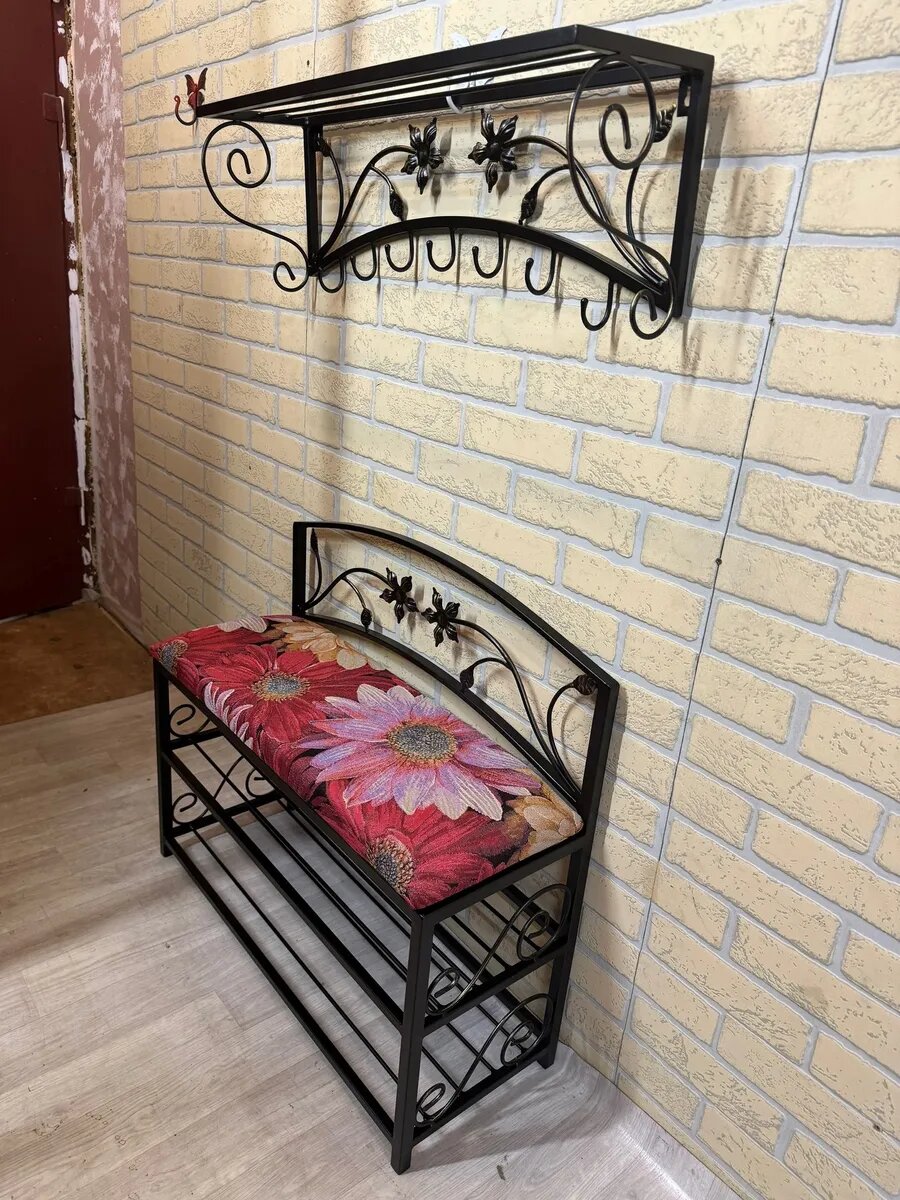 Кованая прихожая, вешалка + банкетка, Студия кованой мебели Нива, цвет красный бархат — фото 1