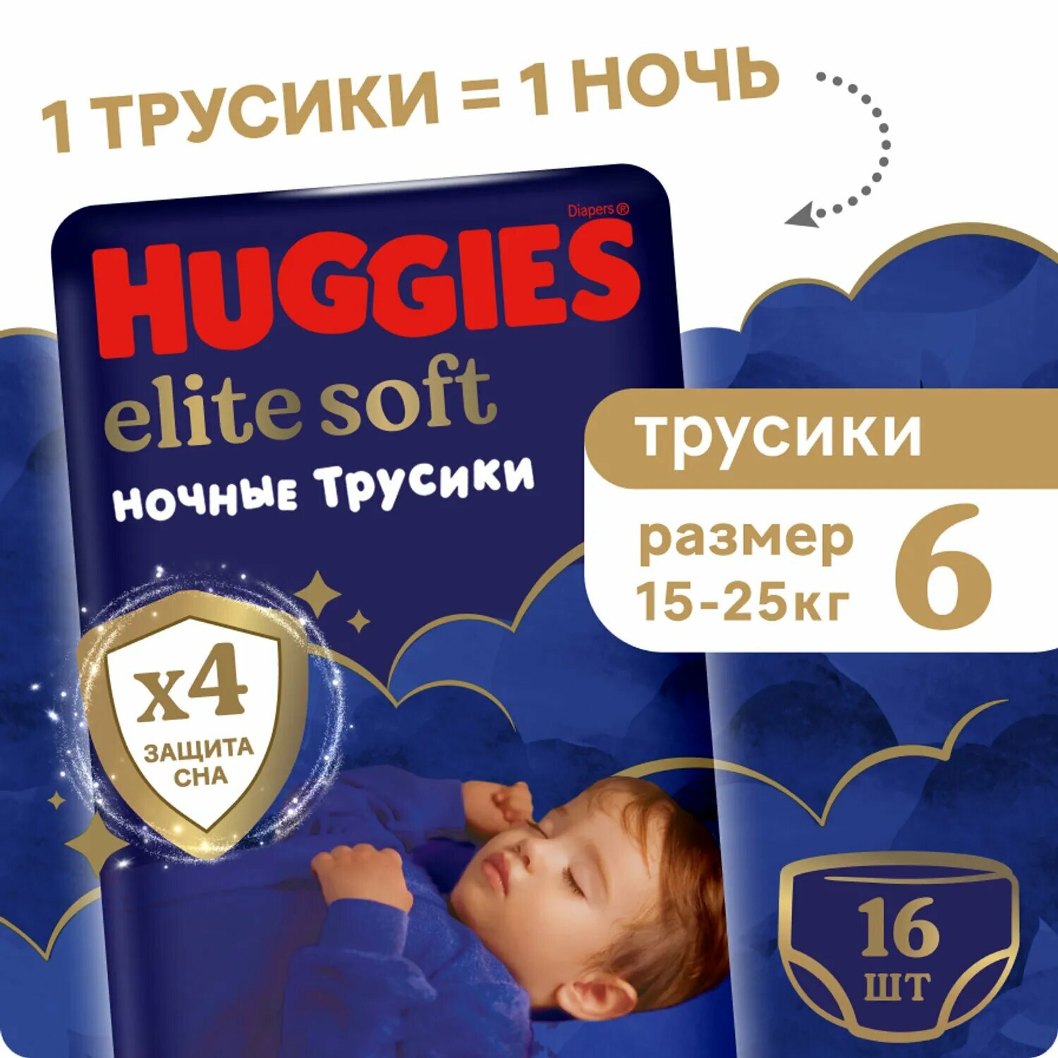 Ночные подгузники-трусики Huggies Elite Soft, 6, 16 штук, 15-25 кг