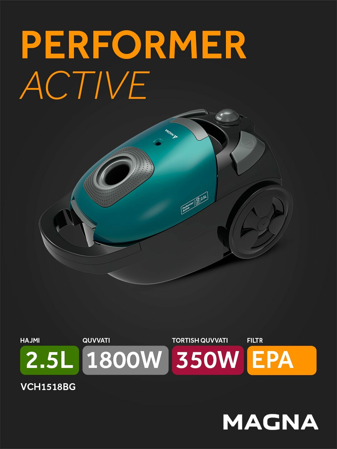 Пылесос Magna VCH1518BG, мощность 1800 Вт, 350 Вт всасывание, EРА-фильтр
