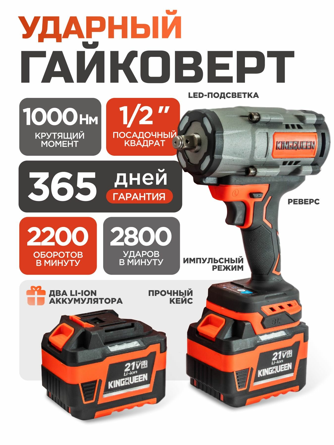 Гайковерт аккумуляторный бесщеточный 21В, 1000 Нм, KINGQUEEN