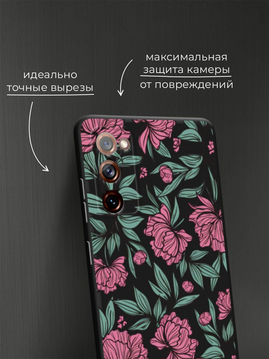 Черный матовый чехол на Samsung Galaxy S20 FE / Самсунг Галакси S20 FE с принтом "Бутоны пионов и клематис" — фото 1