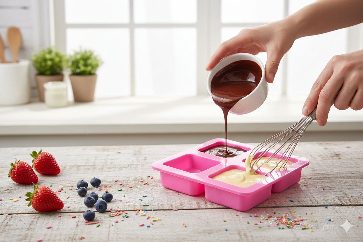 Форма для выпечки силиконовая для десертов и кексов, 4 ячейки (квадрат), 15х15х4 см, термостойкая, розовая H-FORM3