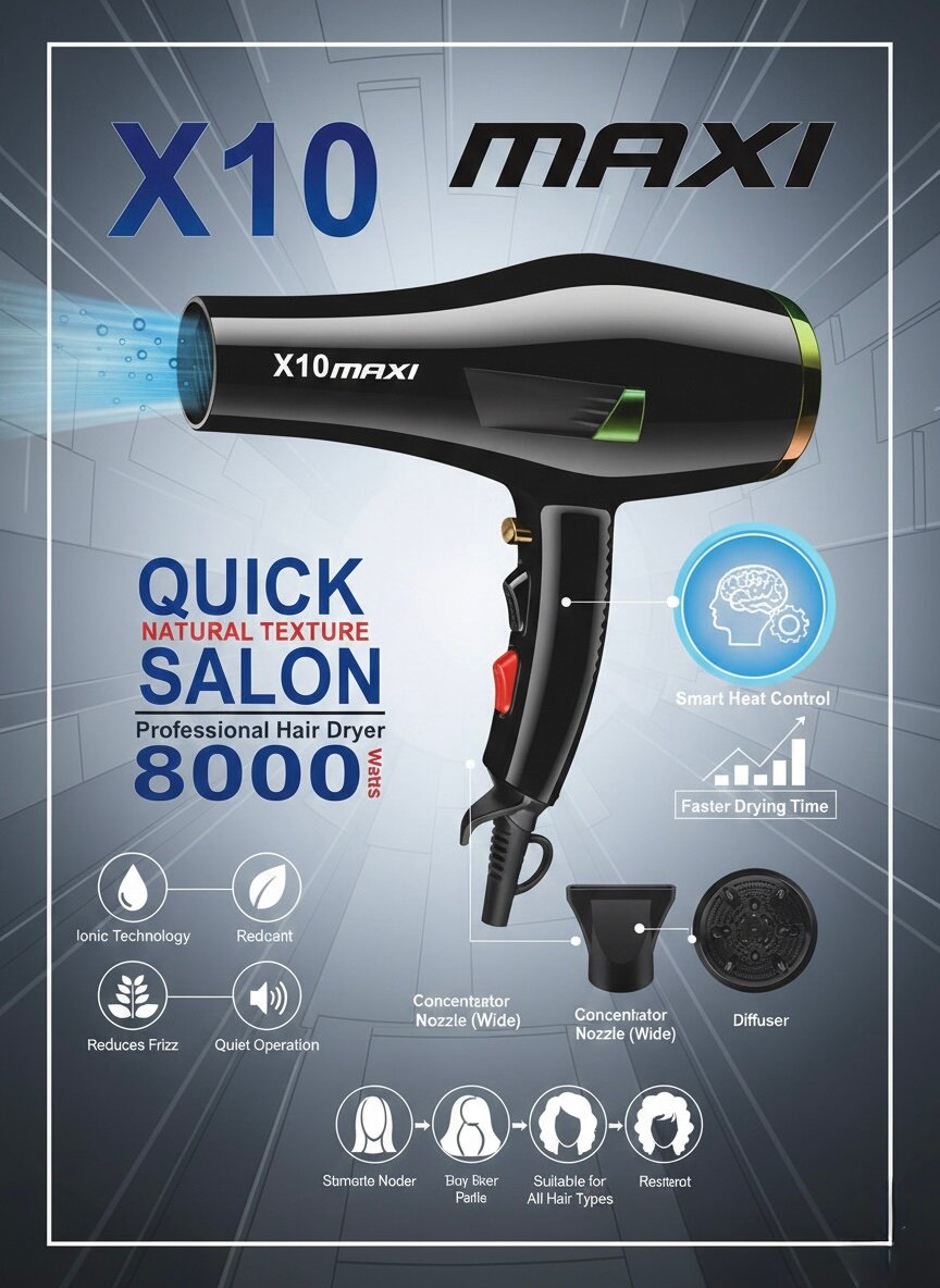 Фен X10 MAXI Professional 8000 Вт, мощный воздушный поток, 2 насадки, для салонов красоты.