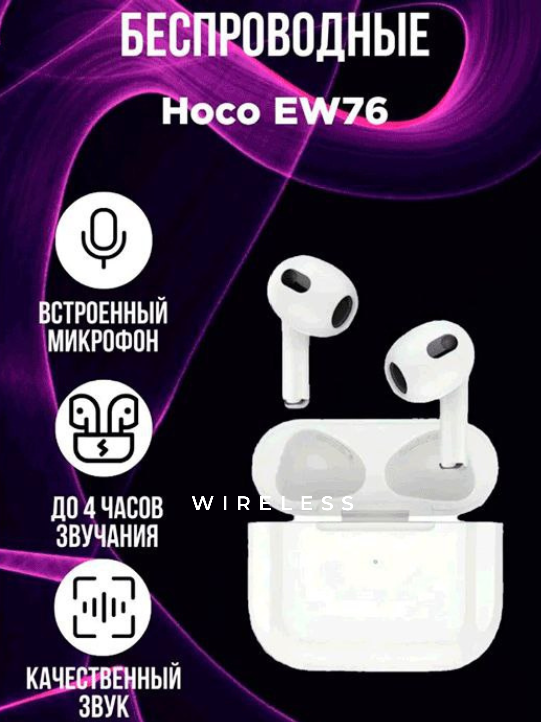 Беспроводные наушники HOCO EW76 Bluetooth 5.4 с кейсом зарядки и HiFi звуком