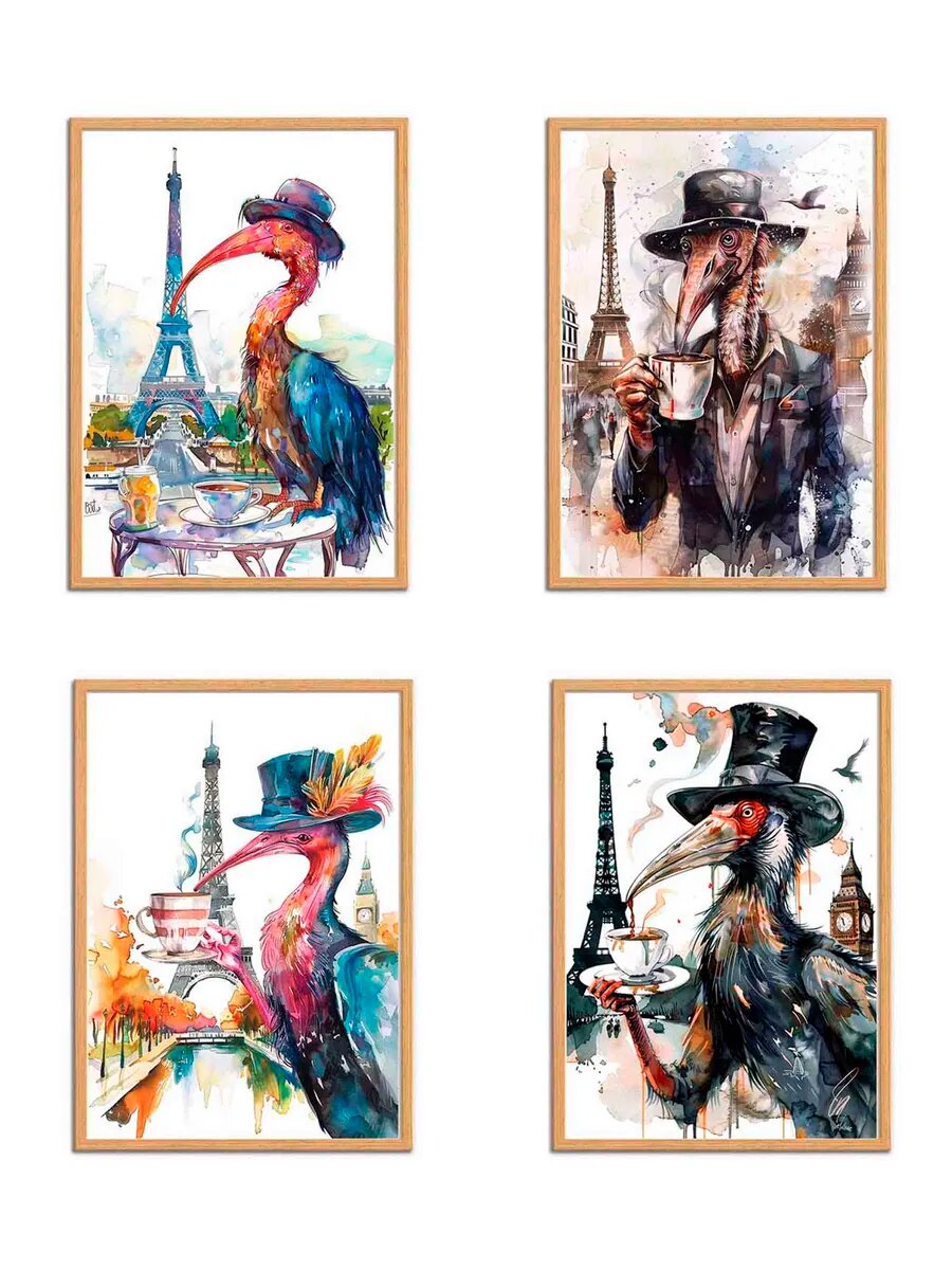 Птица Ибис Гангстер пьёт кофе, 4 Плаката, 30x21см