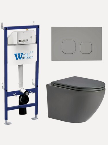 Изображение товара Комплект 6 в 1 WeltWasser: подвесной унитаз MERZBACH 043 MT-GR серый+кнопка смыва BAMBERG CR хром+инсталляция BAMBERG 460