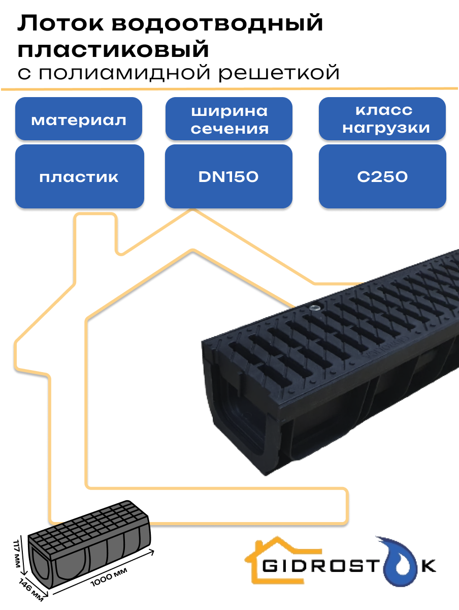 Лоток пластиковый Pro DN100 H117 мм с полиамидной решеткой и крепежом класс С250