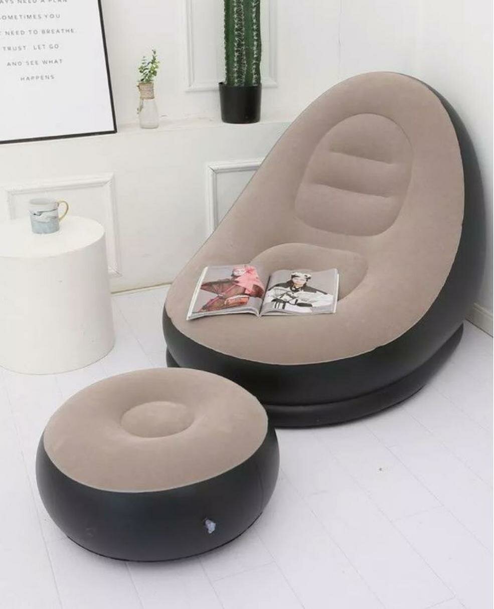 Надувное кресло + пуфик, флокированное, до 120кг, бежевый, ручной насос