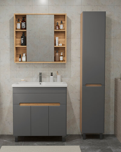 Изображение товара Шкаф-пенал напольно/подвесной SanStar Модена для ванной комнаты, дуб вотан, графит софт