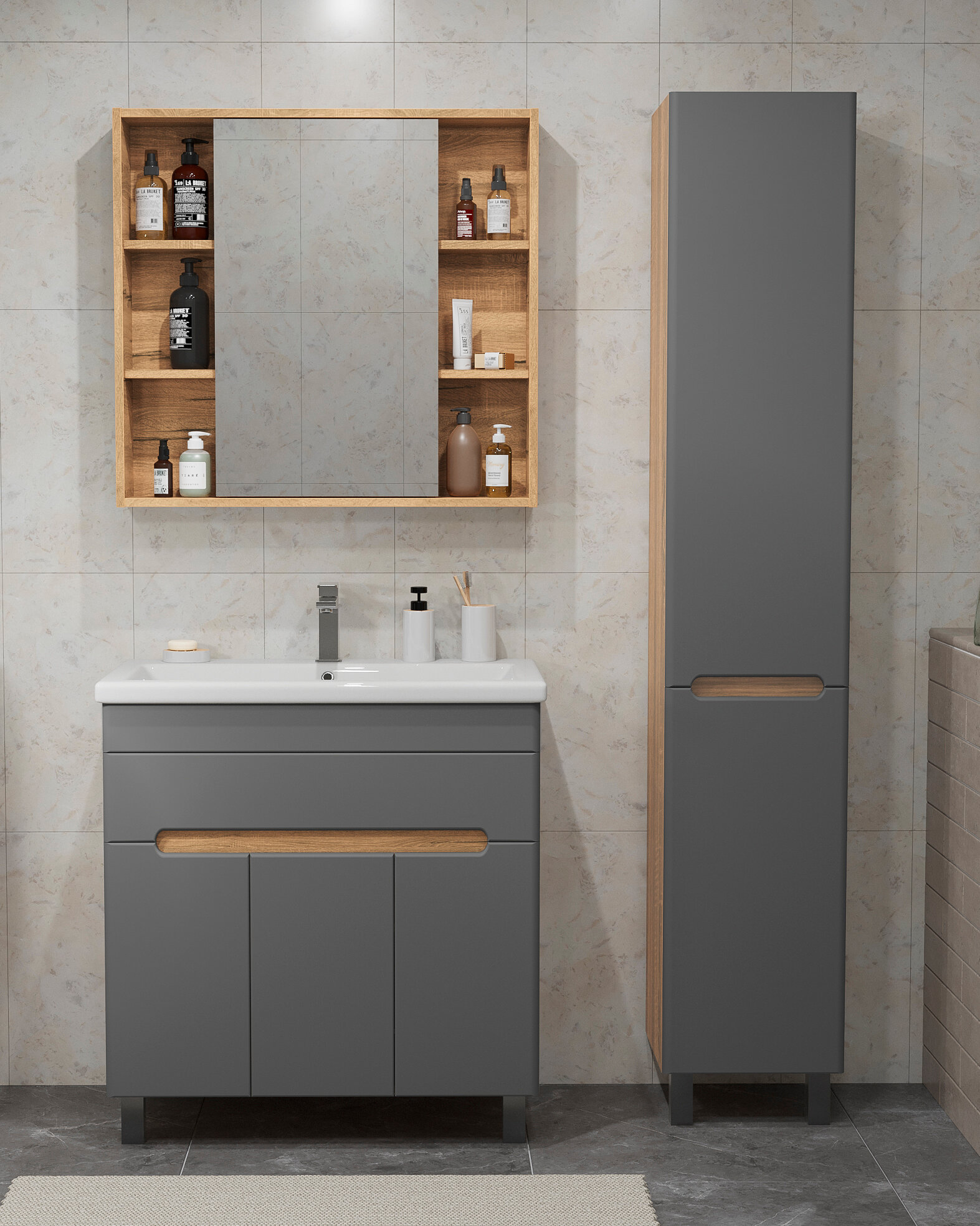 Шкаф-пенал напольно/подвесной SanStar Модена для ванной комнаты дуб вотан графит софт