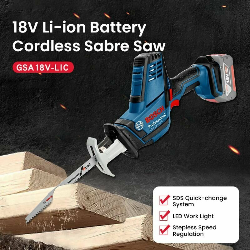 Bosch GSA 18V - Li C Пила для сабли , Зарядная саблевая пила, светодиодное освещение, защита от перегрузки, перегрева , (Без батареек)