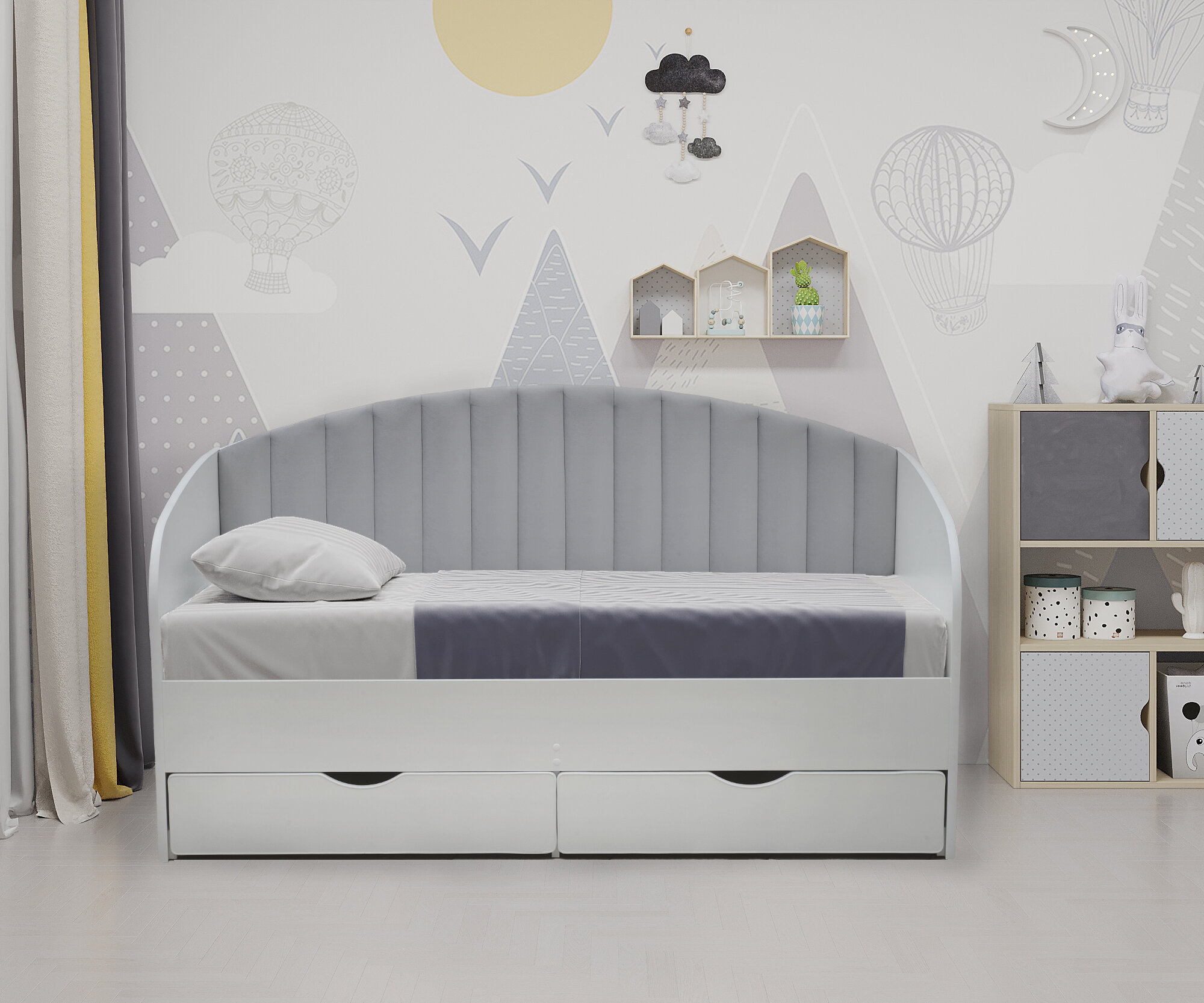 Matrix диван- кровать детская с мягкой спинкой Sofa 12, велюр серый 321, 80x160 см.