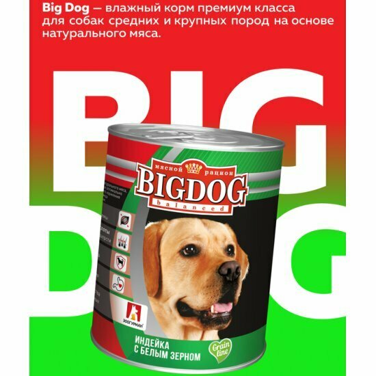 Корм влажный Зоогурман для собак BIG DOG Индейка с белым зерном 6шт х 850г — фото 1