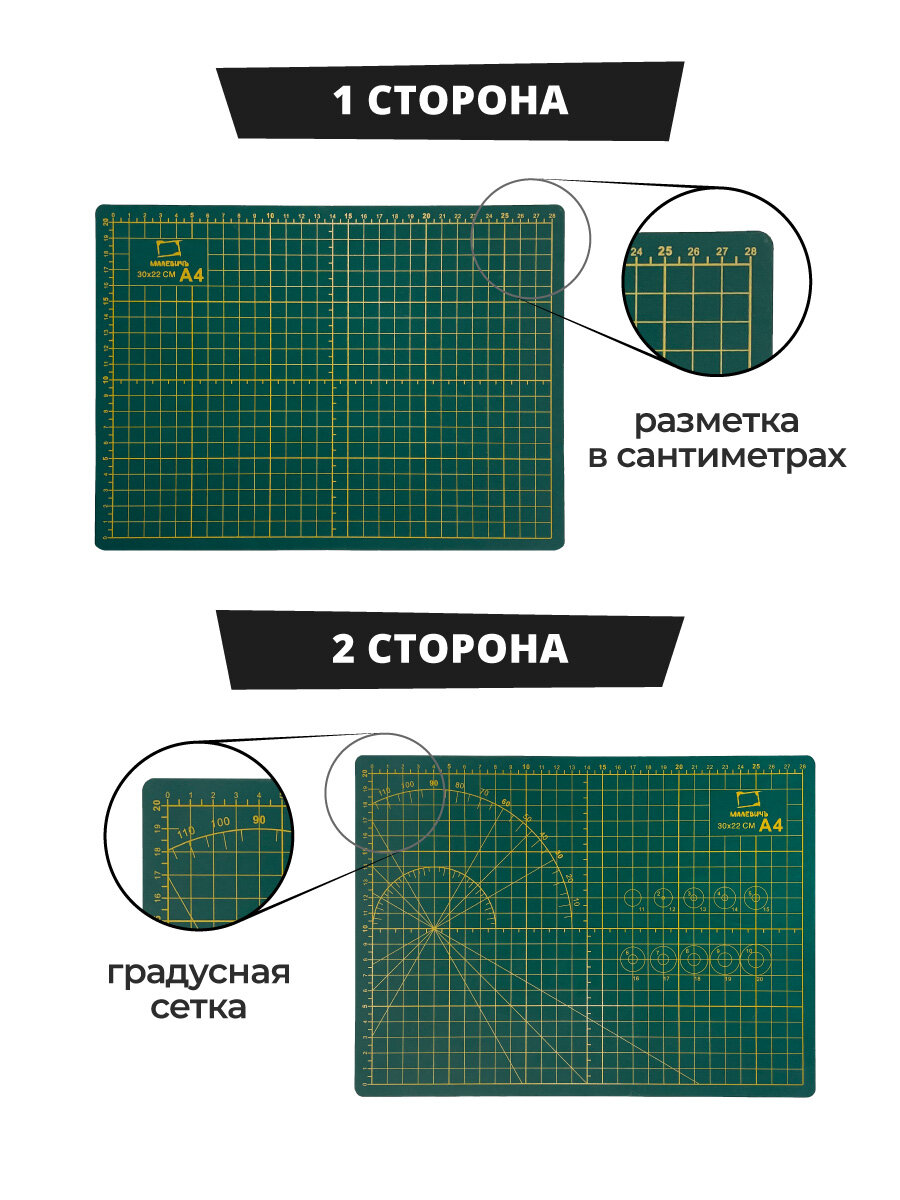 Коврик для резки Малевичъ, А4 , зеленый двухсторонний, разметка в см — фото 1