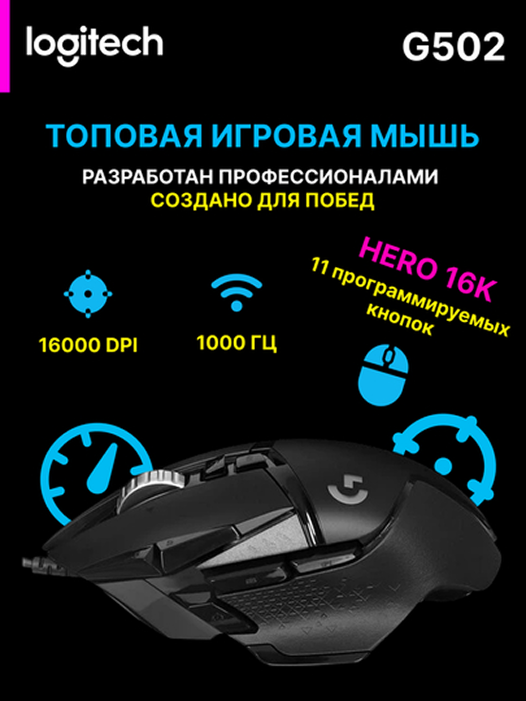 Игровая проводная мышь Logitech G502 Hero, с RGB-подсветкой, 25600 DPI, 11 кнопок, L920-012538 — фото 1