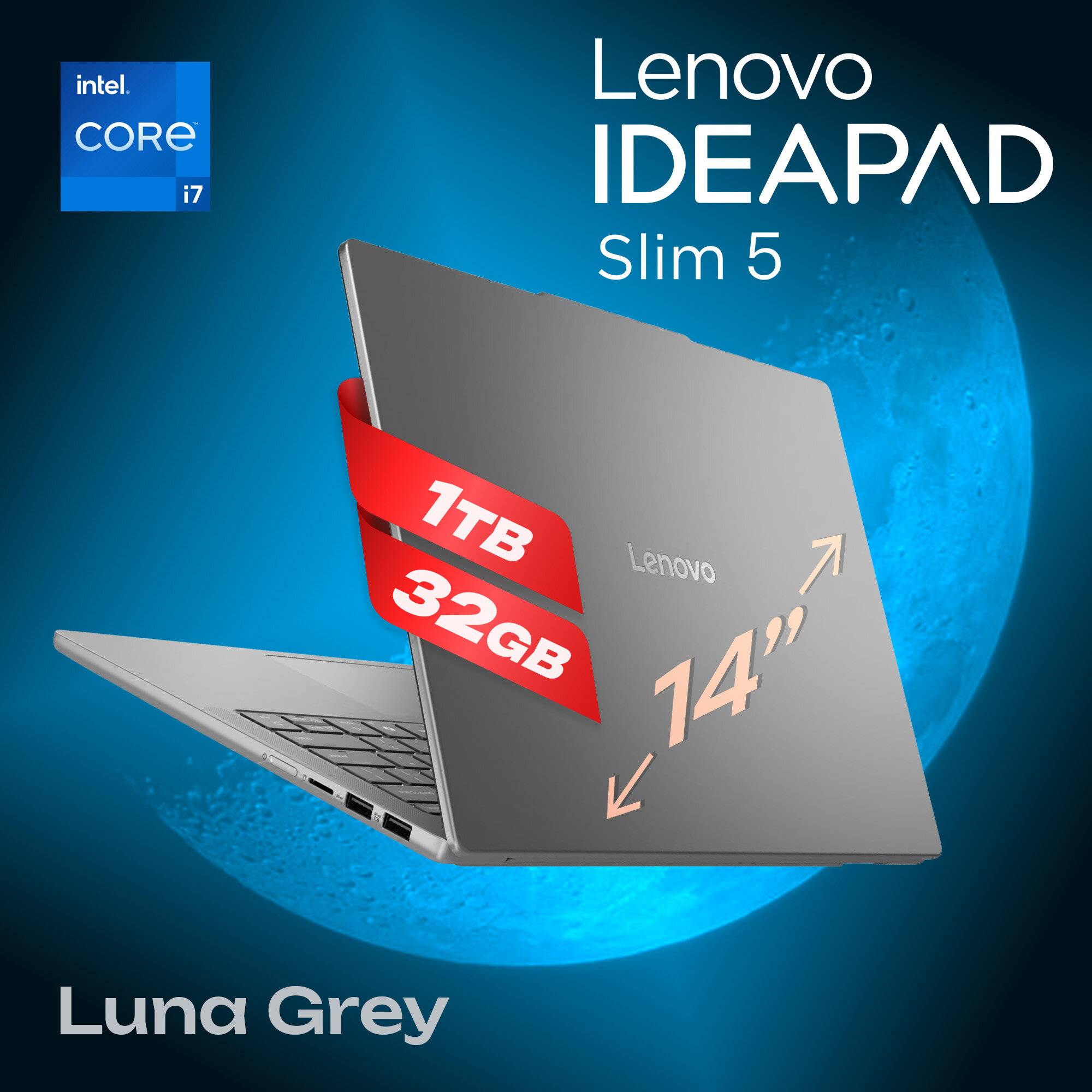 Ноутбук Lenovo IdeaPad Slim 5 14IRH10 83HR002YRK Luna Grey, 14" WUXGA OLED 60Hz, Intel Core i7-13620H, Intel UHD Graphics, 32GB DDR5-5600, SSD 1TB G4, NO OS, клавиатура RU/US, гарантия 1 год