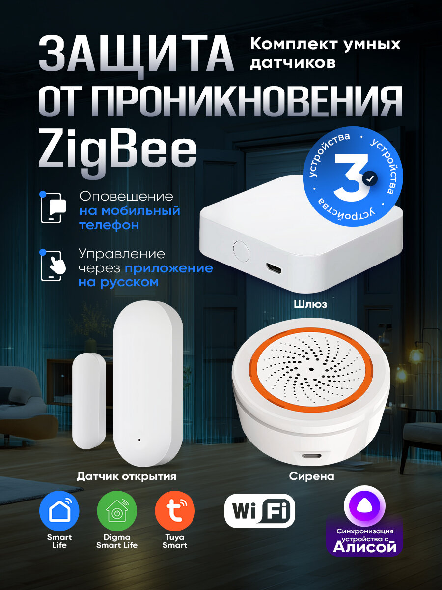 Zigbee Комплект умного дома , шлюз, датчик открытия , сирена,